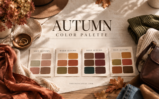 Autumn color palette guide featuring Soft Autumn, Warm Autumn, Deep Autumn and True Autumn color swatches styled with cozy fall clothing and accessories.