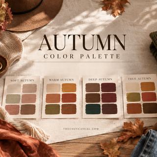 Autumn color palette guide featuring Soft Autumn, Warm Autumn, Deep Autumn and True Autumn color swatches styled with cozy fall clothing and accessories.
