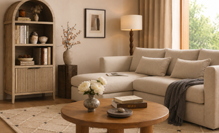 Cozy neutral living room with arched wood bookshelf, cream sofa, and linen curtains