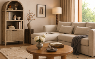 Cozy neutral living room with arched wood bookshelf, cream sofa, and linen curtains
