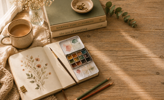 Cozy creative hobby workspace with watercolor paints, sketchbook, colored pencils, coffee, flowers, and books about creativity.