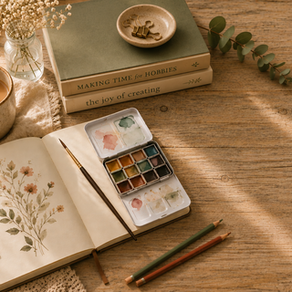 Cozy creative hobby workspace with watercolor paints, sketchbook, colored pencils, coffee, flowers, and books about creativity.