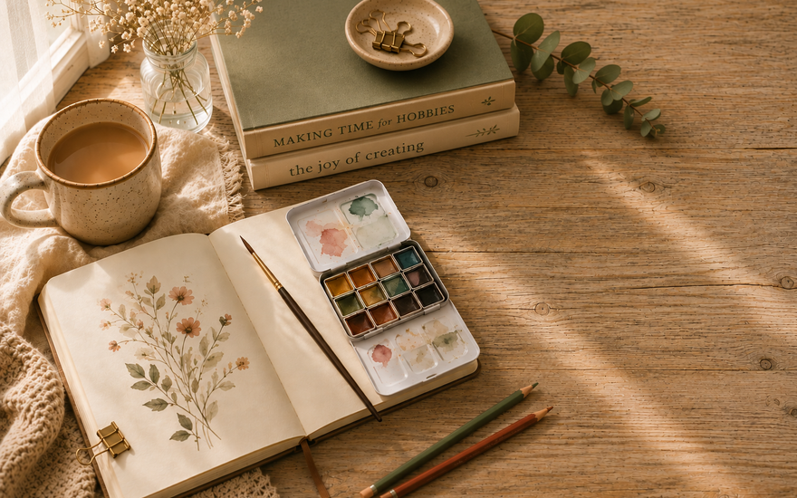 Cozy creative hobby workspace with watercolor paints, sketchbook, colored pencils, coffee, flowers, and books about creativity.