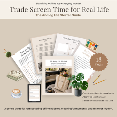 Analog Life Starter Guide digital download cover featuring a flat-lay arrangement of printed worksheets, a workbook, a tablet mockup, books, glasses, a plant, and a coffee cup on a beige background with text overlays.