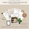 Analog Life Starter Guide digital download cover featuring a flat-lay arrangement of printed worksheets, a workbook, a tablet mockup, books, glasses, a plant, and a coffee cup on a beige background with text overlays.