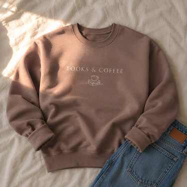 Brown books and coffee sweatshirt
