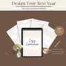 Digital product mockup for 'The Cozy Curriculum Planner' showing a tablet with the cover design and several planner pages fanned behind it. The layout includes decorative props like eyeglasses, a small vase of flowers, and a coffee cup on a warm brown background, with text reading 'Design Your Best Year' and '17 Pages'.